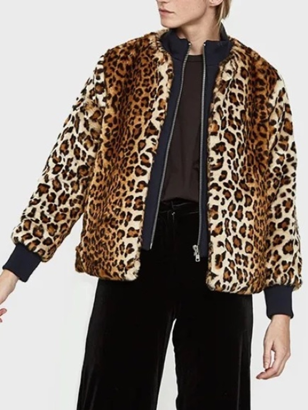 GANNI Ferris Faux Fur Leopard Print Oversized Bomber Jacket Size 34 US XS